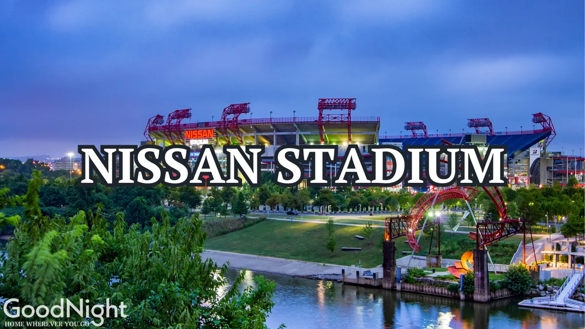 An energetic exterior shot of Nissan Stadium, with the river, park area, and skyline in the background. The image captures both the excitement of sporting events and the scenic urban setting.