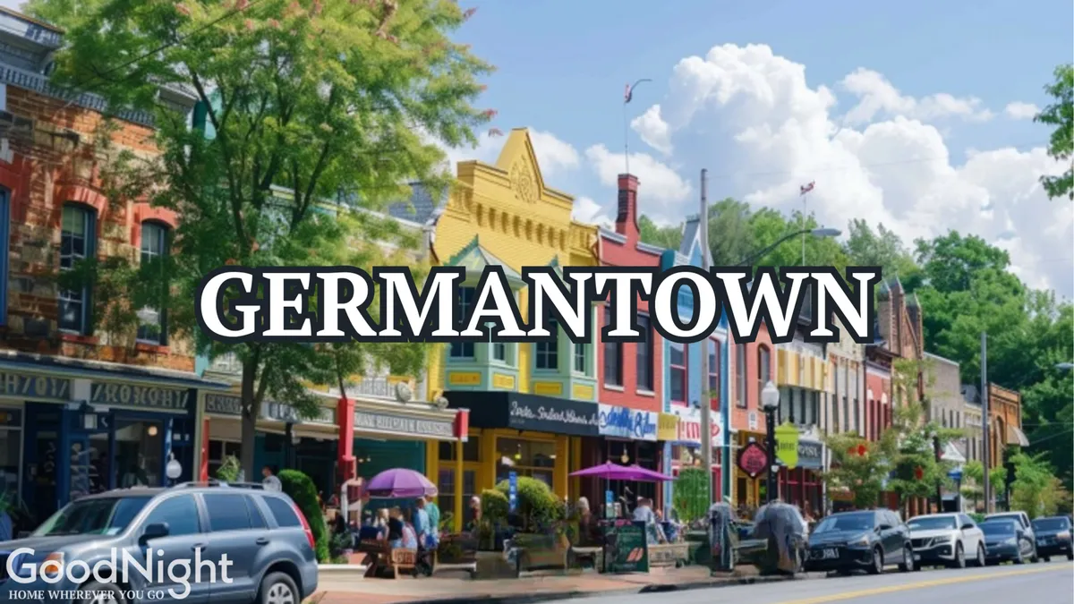 A lively street scene with colorful storefronts, people socializing and enjoying the urban environment, and green trees providing a welcoming atmosphere. The image evokes a sense of exploration, community, and access to local attractions just steps from the property.